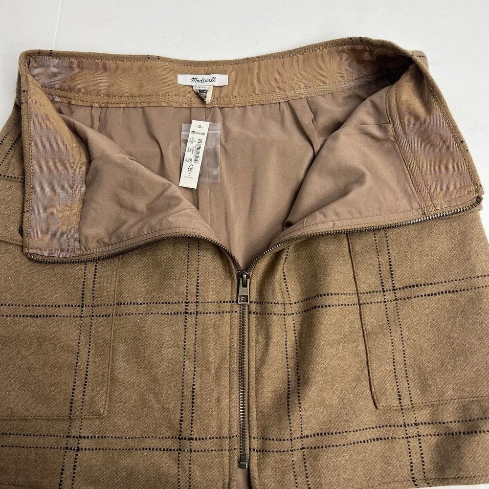 Madewell Zip Front Windowpane Mini Skirt Size 6 NWT Camel Brown Wool